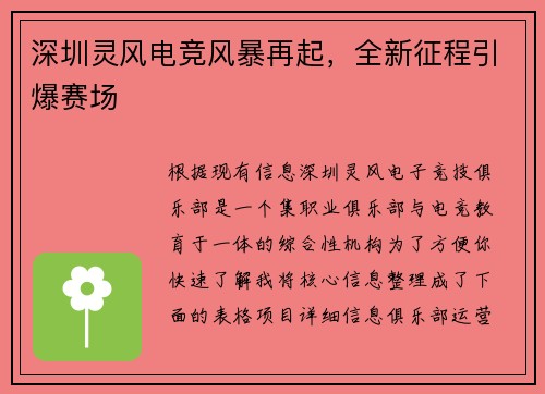 深圳灵风电竞风暴再起，全新征程引爆赛场